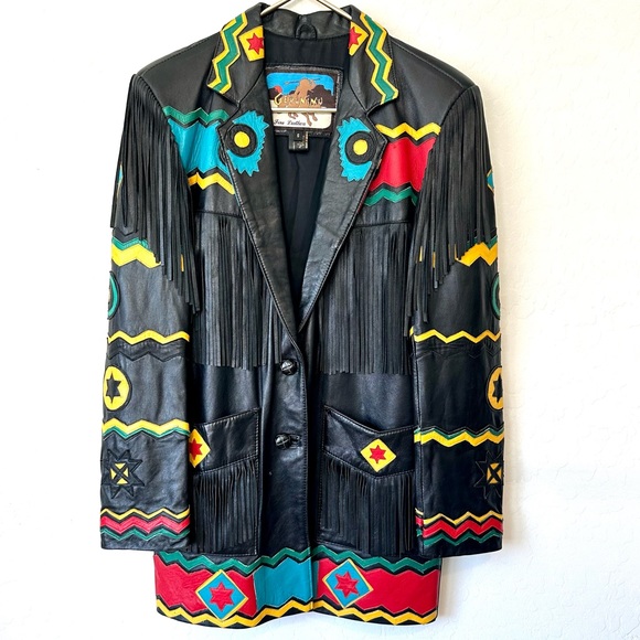 VINTAGE GERUNIMU LEATHER NATIVE INDIAN CHIEF FRINGE BLAZER JACKET SZ S, Mexico - Picture 6 of 12